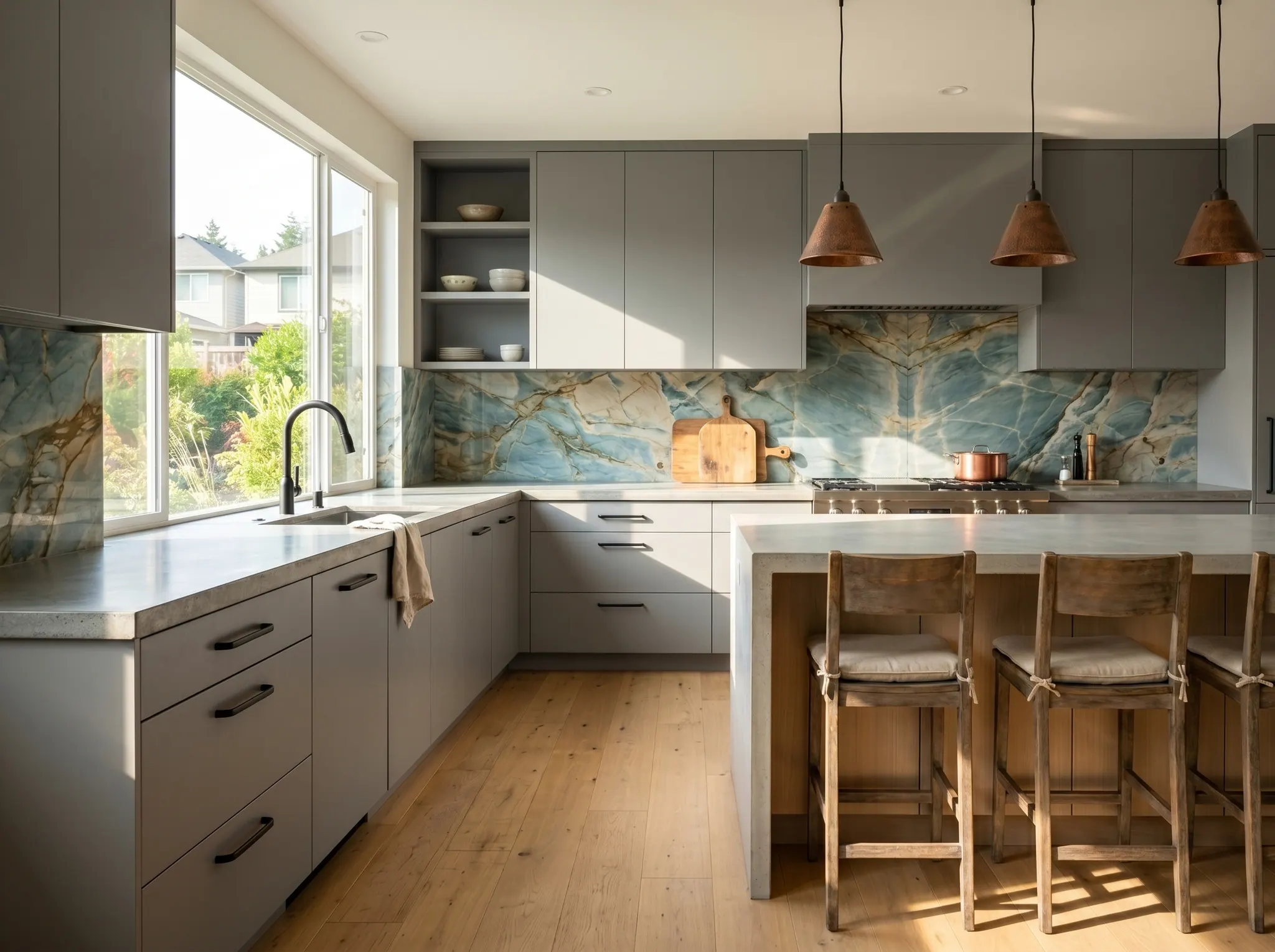 Same kitchen rendered with a One Click Finish mid-mod package.